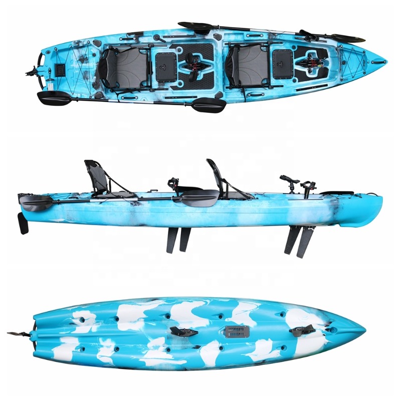 Fishing Kayak Sit In - Doppelsitziges Sit-On-Top PE-Kunststoff-Kajak 4m mit Pedalantrieb,